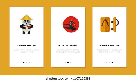 Chinese National Symbols Flat Vector Icon Set. Panda, Cone Hat, Ninja, Wooden Clogs Isolated Sign Pack. Asian Culture And Tradition Concept. Vector Illustration Symbol Elements For Web Design.