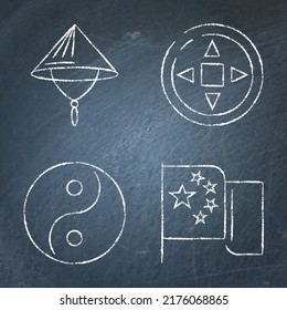 Chinese national symbols icon set on chalkboard. Flag of China, yin yang, coin and bamboo hat. Vector illustration.