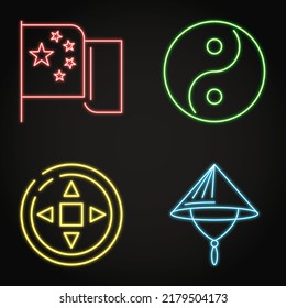 Chinese national symbols neon icon set. Flag of China, yin yang, coin and bamboo hat. Vector illustration.