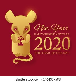 Chinese new 2020 year celebration template with papercut rat character. Red and gold design.