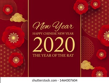 Chinese new 2020 year celebration template flowers and asian elements. Red and gold design.