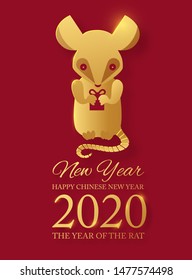 Chinese new 2020 year celebration template with papercut rat character. Red and gold design.
