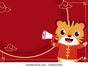 Chinese new label. Happy Chinese new year greeting card 2022 with cute tiger. Tiger character design. copy space.