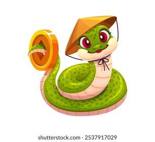 Caractere chinês de serpente do desenho animado do ano novo lunar com expressão alegre, chapéu asiático cônico e moeda de ouro na cauda, transmite alegria, prosperidade e celebração. Símbolo de réptil verde bonito de 2025 ano