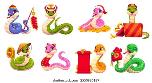 Chinese new lunar year cartoon snake characters. Cartoon vector reptiles, symbol of 2025 year with gold coin, money sack, red scroll, gift box, santa or dragon hat conveys joy, prosperity, celebration