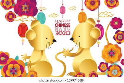 Chinese New Year of 20 design 2020, graceful floral paper art style on beige background. Chinese characters mean Happy New Year
