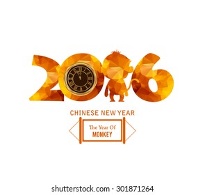 Chinese New Year 2016, monkey with golden clock geometric