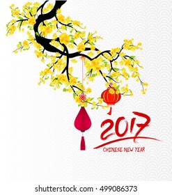 Chinese new year 2017, background with lantern and plum blossom