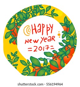 Chinese New Year, 2017. Branches of mandarin orange fruits. Hand drawn sketchy cartoon clip-art, vector illustration for greeting card, certificate, poster or gift package. Tangerines with leaves