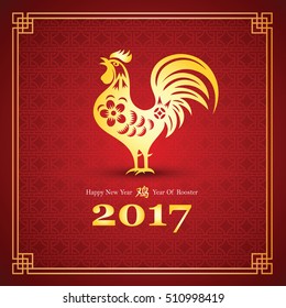 Chinese new year 2017 card is rooster in circle frame and Chinese character translate rooster,vector illustration