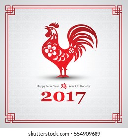 Chinese new year 2017 card is rooster in circle frame and Chinese character translate rooster,vector illustration