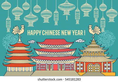 Chinese New Year 2017 modern flat line greeting card, poster, flyer, background vector elements. Asian traditional pagoda house, temple, lantern, firework. Character translation - rooster, good luck