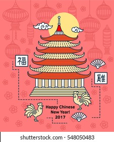 Chinese New Year 2017 modern flat line greeting card, poster, flyer, background vector elements. Asian traditional pagoda house, temple, lantern, firework. Character translation - rooster, good luck