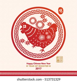 Chinese New Year 2017 Paper Cutting Year of Rooster Vector Design (Chinese Translation: Year of Rooster; Prosperity)