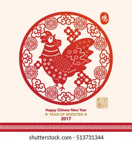Chinese New Year 2017 Paper Cutting Year of Rooster Vector Design (Chinese Translation: Year of Rooster; Prosperity)