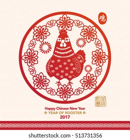 Chinese New Year 2017 Paper Cutting Year of Rooster Vector Design (Chinese Translation: Year of Rooster; Prosperity)
