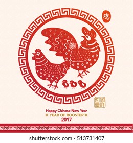 Chinese New Year 2017 Paper Cutting Year of Rooster Vector Design (Chinese Translation: Year of Rooster; Prosperity)