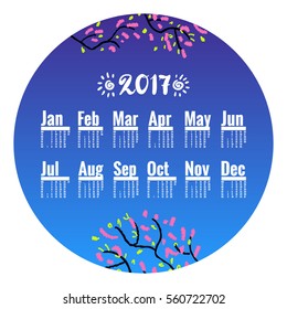 Chinese New Year, 2017. Peach blossom in China is a symbol of romance, love and long life. Hand drawn sketchy cartoon clip-art in circle, vector template. Calendar for 2017, week starts on Monday