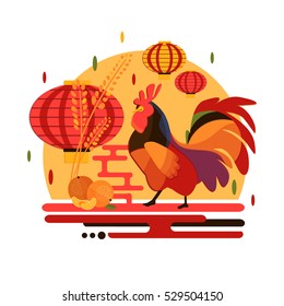 Chinese New Year 2017 rooster concept. Flat style iilustration with rooster, mandarin and chinese lantern. Christmas and new year party concept design with bird and fruit.