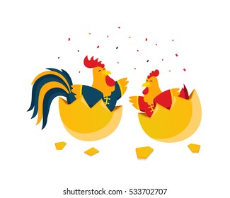 Chinese New Year 2017, Rooster Couple Character Illustration in Various Activities.