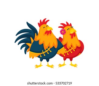 Chinese New Year 2017, Rooster Couple Character Illustration in Various Activities.