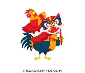 Chinese New Year 2017, Rooster Couple Character Illustration in Various Activities.