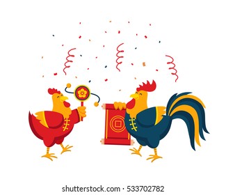 Chinese New Year 2017, Rooster Couple Character Illustration in Various Activities.
