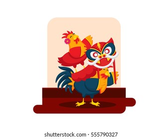 Chinese New Year 2017, Rooster Couple Character Illustration in Various Activities - The Dragon Dance Show