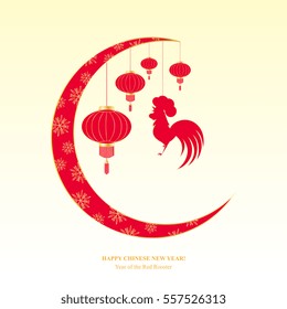 Chinese New Year 2017. Spring Festival. Greeting card with hanging rooster, lantern