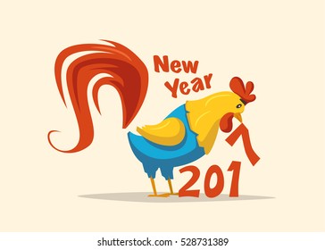 Chinese New Year 2017 symbol. Fire Rooster. Cartoon vector illustration. Stylized cock. Greeting card and calendar
