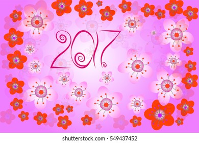 Chinese New Year 2017. Vector spring background with plum blossom. Flower backdrop for greetings card, invitation, poster.