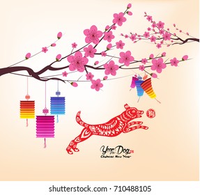 Chinese new year 2018, background with lantern and plum blossom (hieroglyph: Dog)