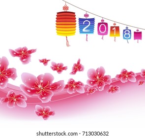 Chinese new year 2018, background with lantern and plum blossom