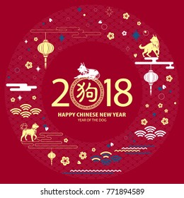 Chinese New Year 2018 background with dog. A separate hieroglyph: Dog. Vector illustration.