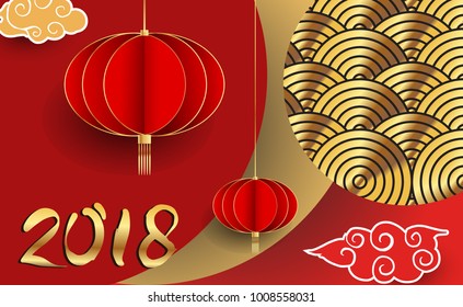Chinese New Year 2018 Banners Elements. Vector illustration. Asian Lantern, Clouds and Patterns in Modern Style, Red and Gold. Hieroglyph Zodiac Sign Dog
