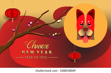 Chinese New Year 2018 Banners Elements. Vector illustration. Asian Lantern, Clouds and Patterns in Modern Style, Red and Gold. Hieroglyph Zodiac Sign Dog
