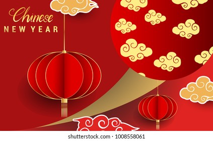 Chinese New Year 2018 Banners Elements. Vector illustration. Asian Lantern, Clouds and Patterns in Modern Style, Red and Gold. Hieroglyph Zodiac Sign Dog
