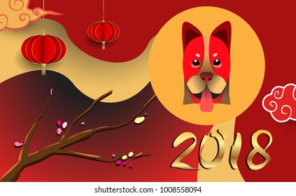 Chinese New Year 2018 Banners Elements. Vector illustration. Asian Lantern, Clouds and Patterns in Modern Style, Red and Gold. Hieroglyph Zodiac Sign Dog
