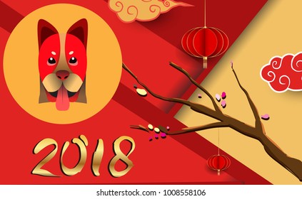 Chinese New Year 2018 Banners Elements. Vector illustration. Asian Lantern, Clouds and Patterns in Modern Style, Red and Gold. Hieroglyph Zodiac Sign Dog

