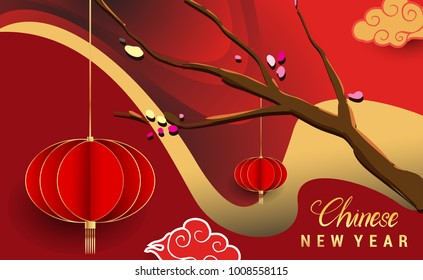 Chinese New Year 2018 Banners Elements. Vector illustration. Asian Lantern, Clouds and Patterns in Modern Style, Red and Gold. Hieroglyph Zodiac Sign Dog
