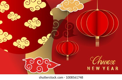 Chinese New Year 2018 Banners Elements. Vector illustration. Asian Lantern, Clouds and Patterns in Modern Style, Red and Gold. Hieroglyph Zodiac Sign Dog
