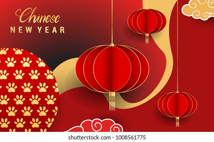 Chinese New Year 2018 Banners Elements. Vector illustration. Asian Lantern, Clouds and Patterns in Modern Style, Red and Gold. Hieroglyph Zodiac Sign Dog
