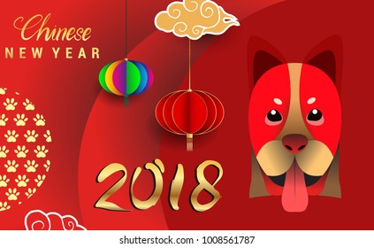 Chinese New Year 2018 Banners Elements. Vector illustration. Asian Lantern, Clouds and Patterns in Modern Style, Red and Gold. Hieroglyph Zodiac Sign Dog
