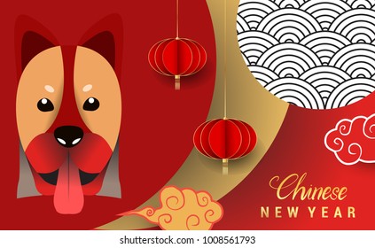 Chinese New Year 2018 Banners Elements. Vector illustration. Asian Lantern, Clouds and Patterns in Modern Style, Red and Gold. Hieroglyph Zodiac Sign Dog
