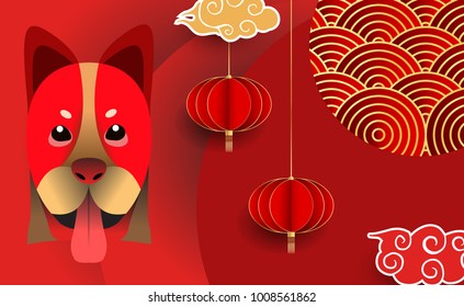 Chinese New Year 2018 Banners Elements. Vector illustration. Asian Lantern, Clouds and Patterns in Modern Style, Red and Gold. Hieroglyph Zodiac Sign Dog
