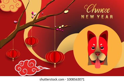 Chinese New Year 2018 Banners Elements. Vector illustration. Asian Lantern, Clouds and Patterns in Modern Style, Red and Gold. Hieroglyph Zodiac Sign Dog

