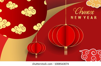 Chinese New Year 2018 Banners Elements. Vector illustration. Asian Lantern, Clouds and Patterns in Modern Style, Red and Gold. Hieroglyph Zodiac Sign Dog
