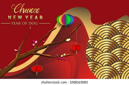 Chinese New Year 2018 Banners Elements. Vector illustration. Asian Lantern, Clouds and Patterns in Modern Style, Red and Gold. Hieroglyph Zodiac Sign Dog
