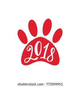 Chinese New year 2018. Calligraphy holiday inscription in shape of dog's paw. Hand drawn typography design. 