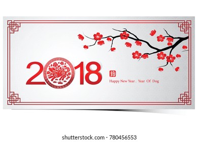 Chinese new year 2018 card is dog in circle frame with cherry blossom and Chinese word mean dog,vector illustration